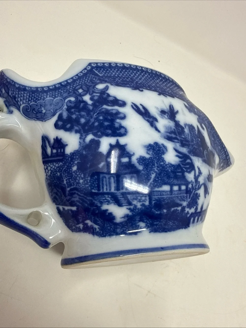 Vintage Victoria Ironstone Scuttle Shape Blue White Flow Willow Shaving Mug.
